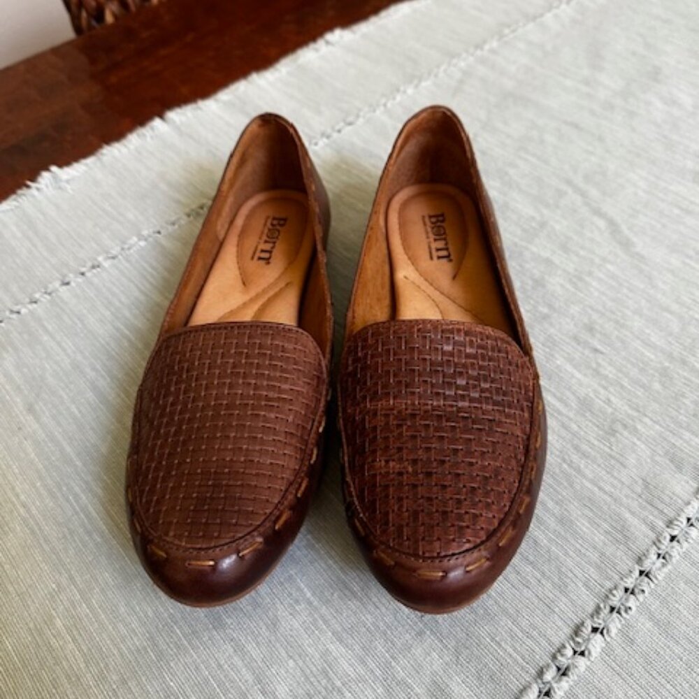 BORN Maple Woven Basketweave Full Grain Leather Flats Loafers
